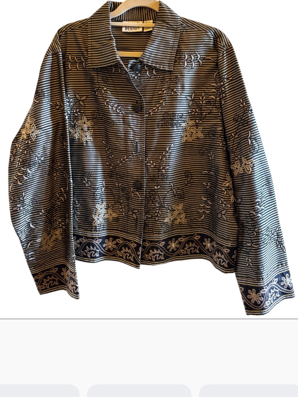 Chico's Black & Cream Silk Striped Floral Embroidered Jacket Size 1/US M